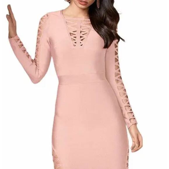Venus Bandage Strappy Pink Cut Out Bodycon Mini Party Chic Dress LARGE NWT - Picture 1 of 10